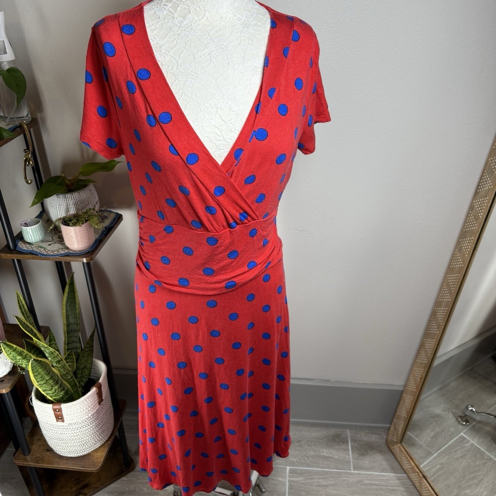 Monroe & Main Womens S Red Polka Dot Faux Wrap Dress Retro Rockabilly